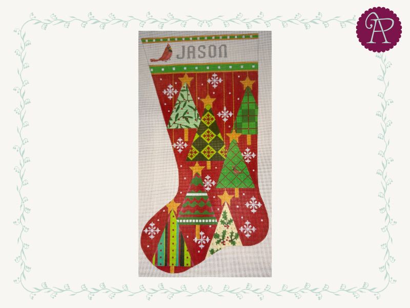 Christmas Trees Stocking w/ Cardinal in Name Box - 13 mesh