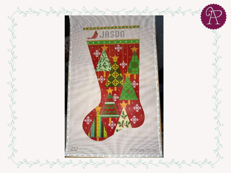 Christmas Trees Stocking w/ Cardinal in Name Box - 13 mesh